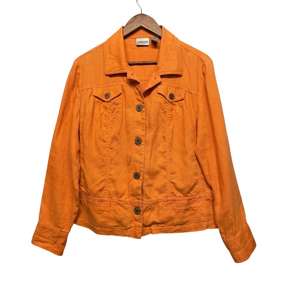 Chico's Jacket Womens 2 US L Orange 100% Linen Button Up Collared Casual Utility